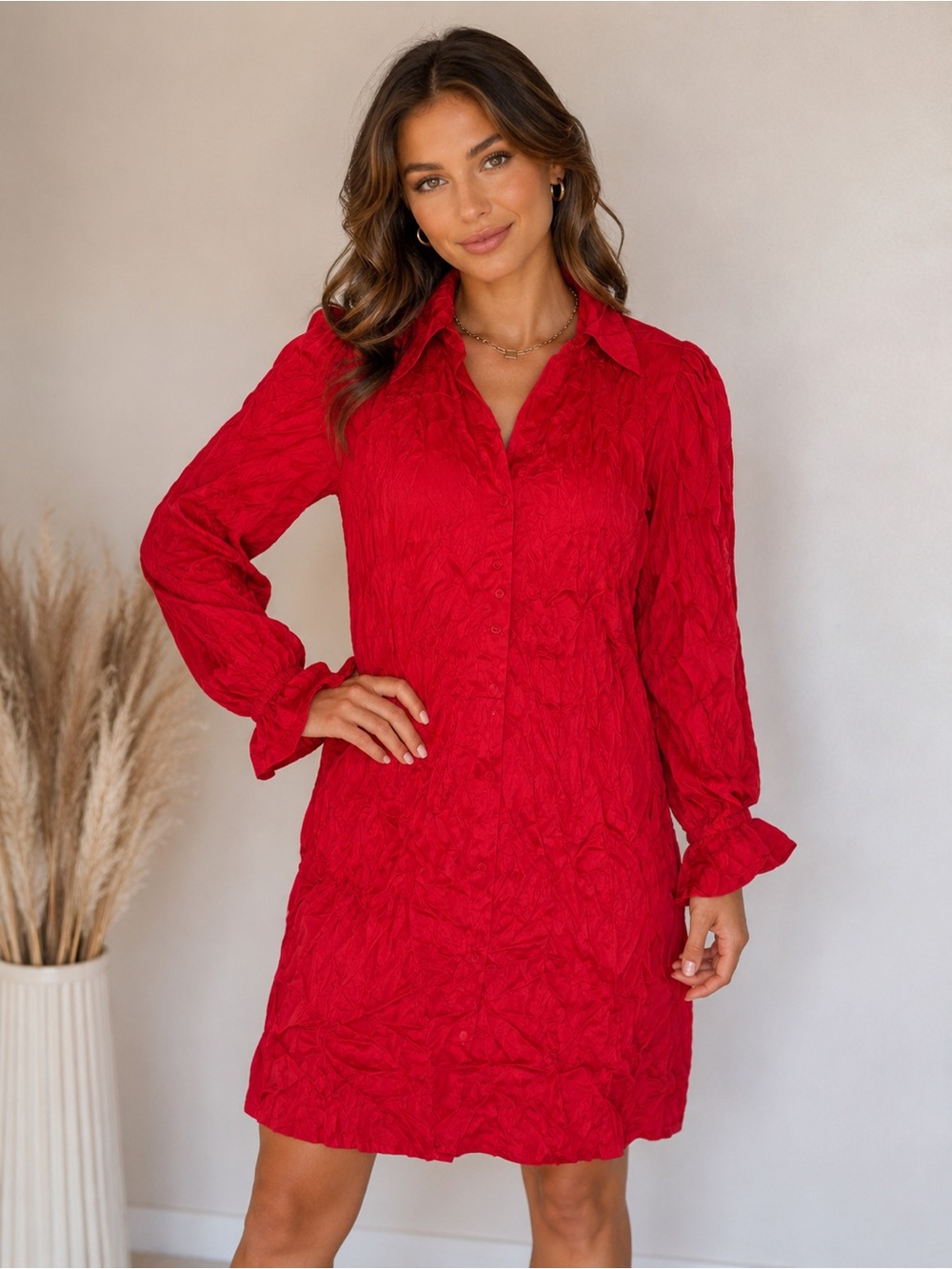 Alain‎ Castel 100% Silk Red Shirt Dress Size 10 Vintage Crinkle Silk Midi